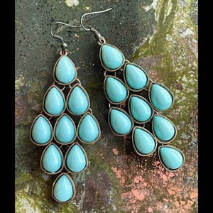 Turquoise Color Teardrops in Mesh Pattern, Earrings